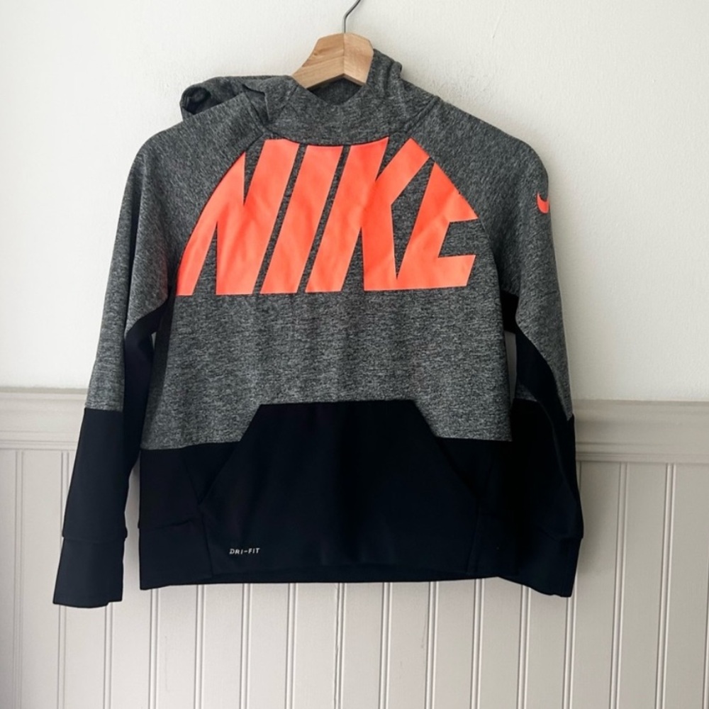 Nike Boys Medium Gray and Black Hoodie with Orange Logo Dri Fit